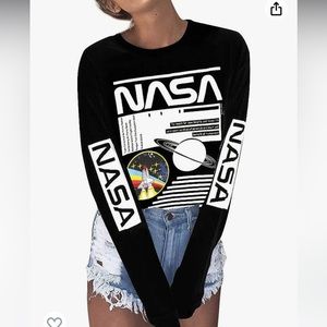 Women Long Sleeve Crew Neck NASA Letter Print NASA Shirt